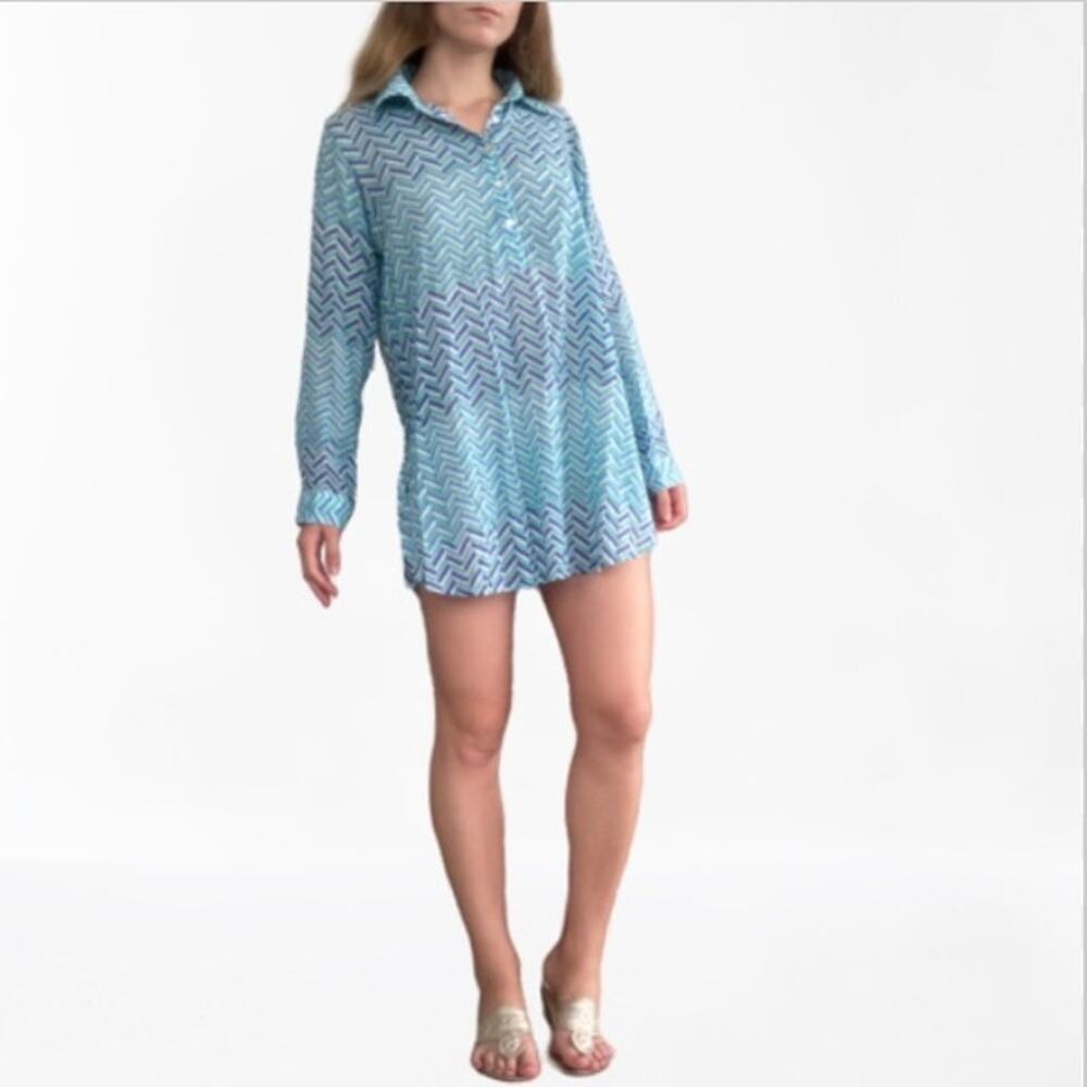 OLIPHANT Blue Chevron Print Long Sleeve Button Up Collar Tunic Shirt Cover Up M